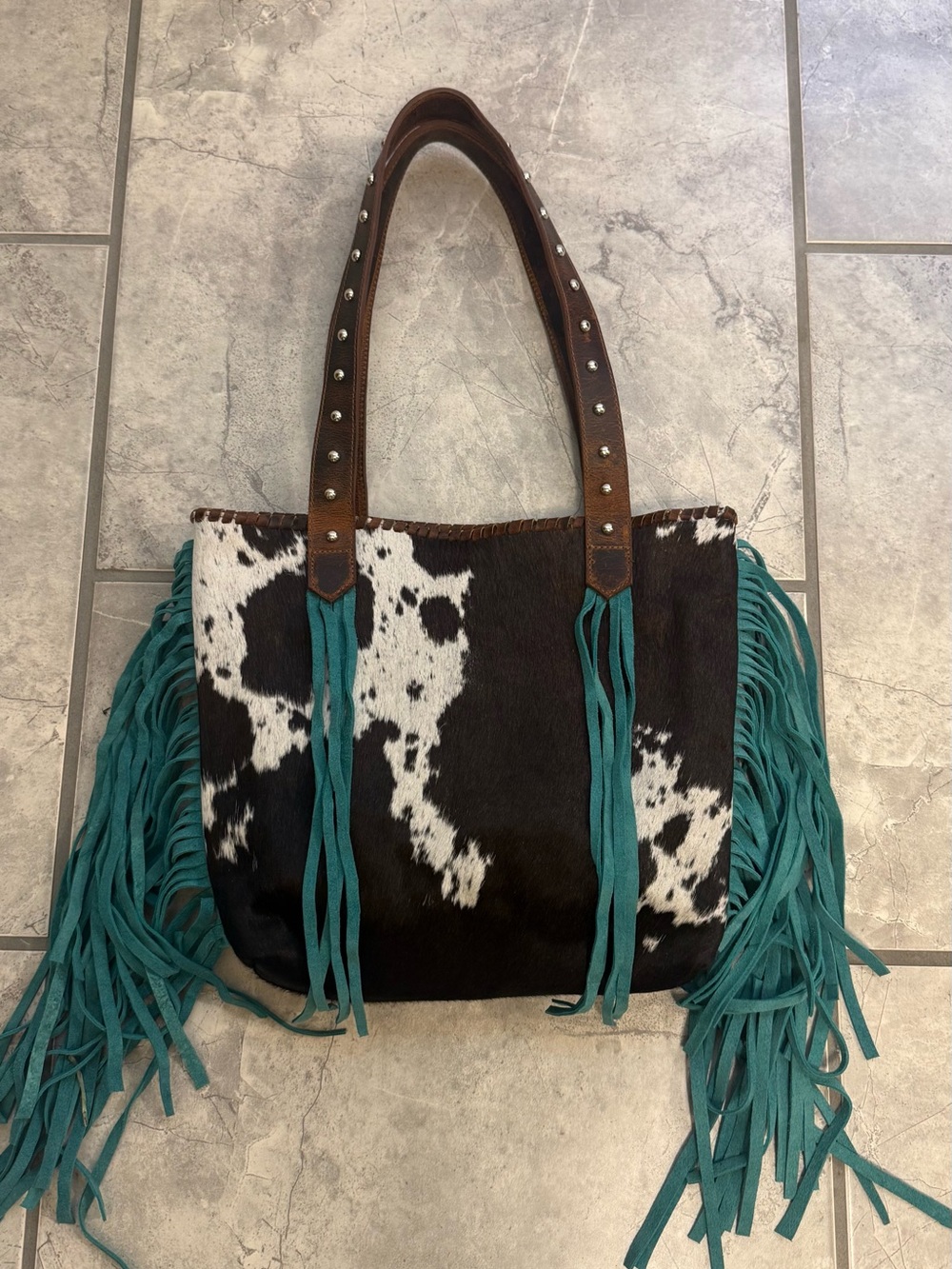 Teal Fringe Cowhide Tote Bag with Brown Leather Handles